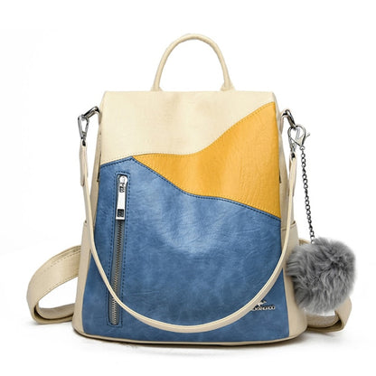 Sac À Dos Cuir Femme Tricolore Bleu Bandoulière