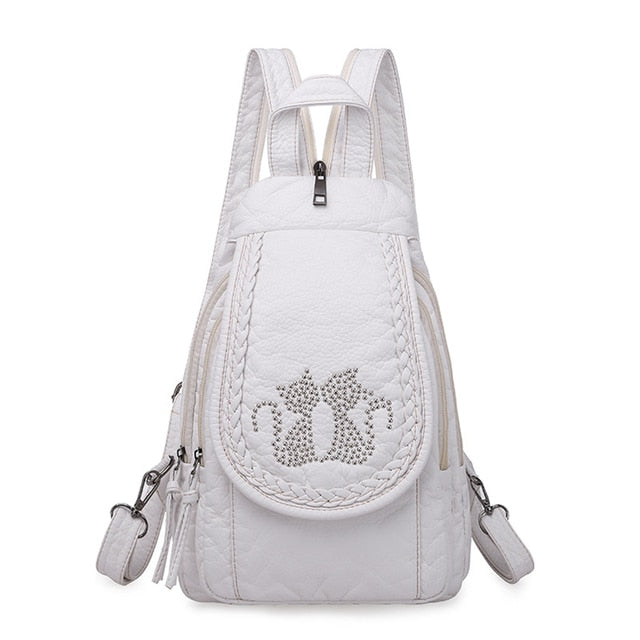 Sac À Dos Chat en Cuir Cartable Femme Mignon Blanc